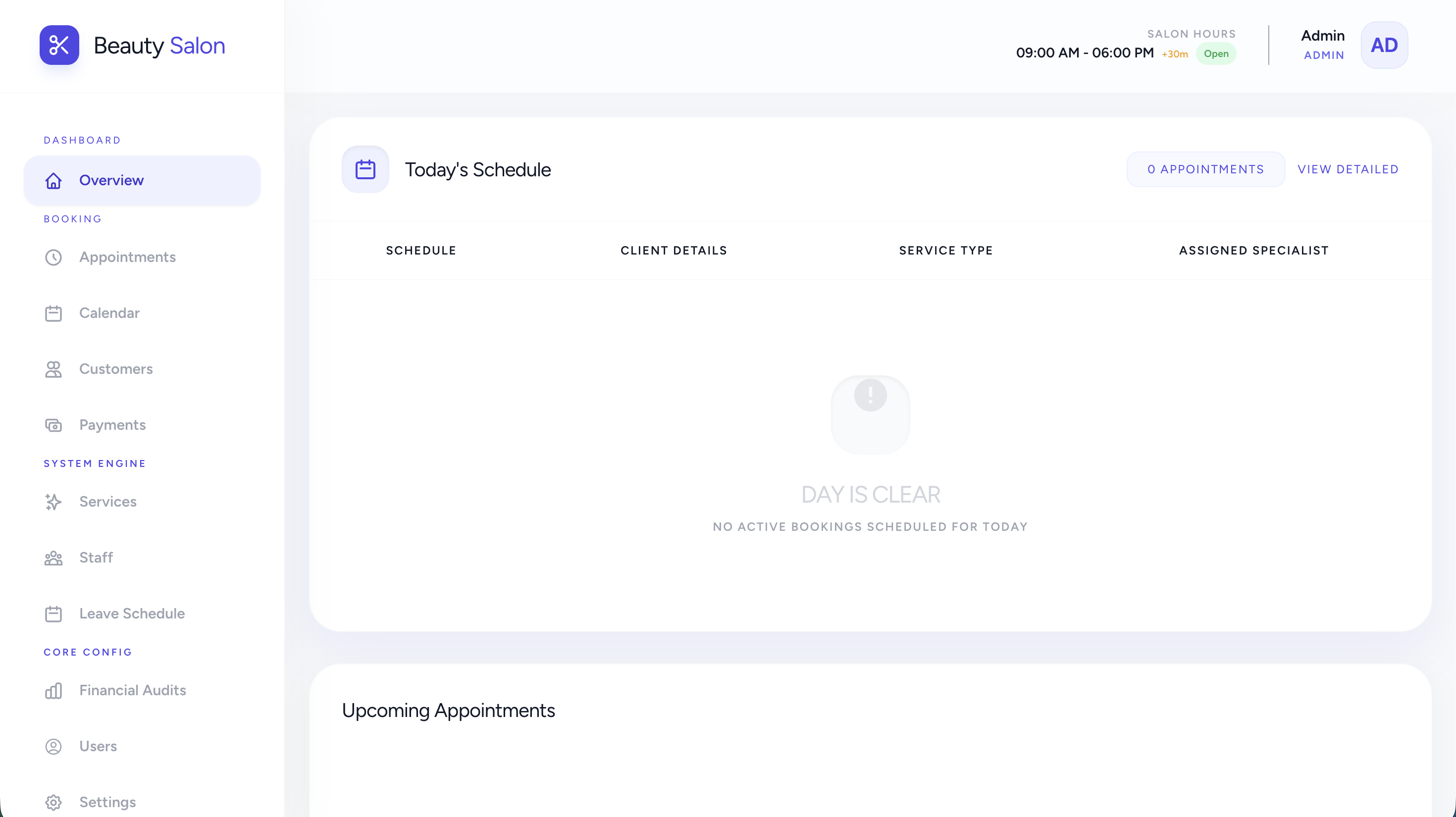 Salon Administration dashboard screen 2