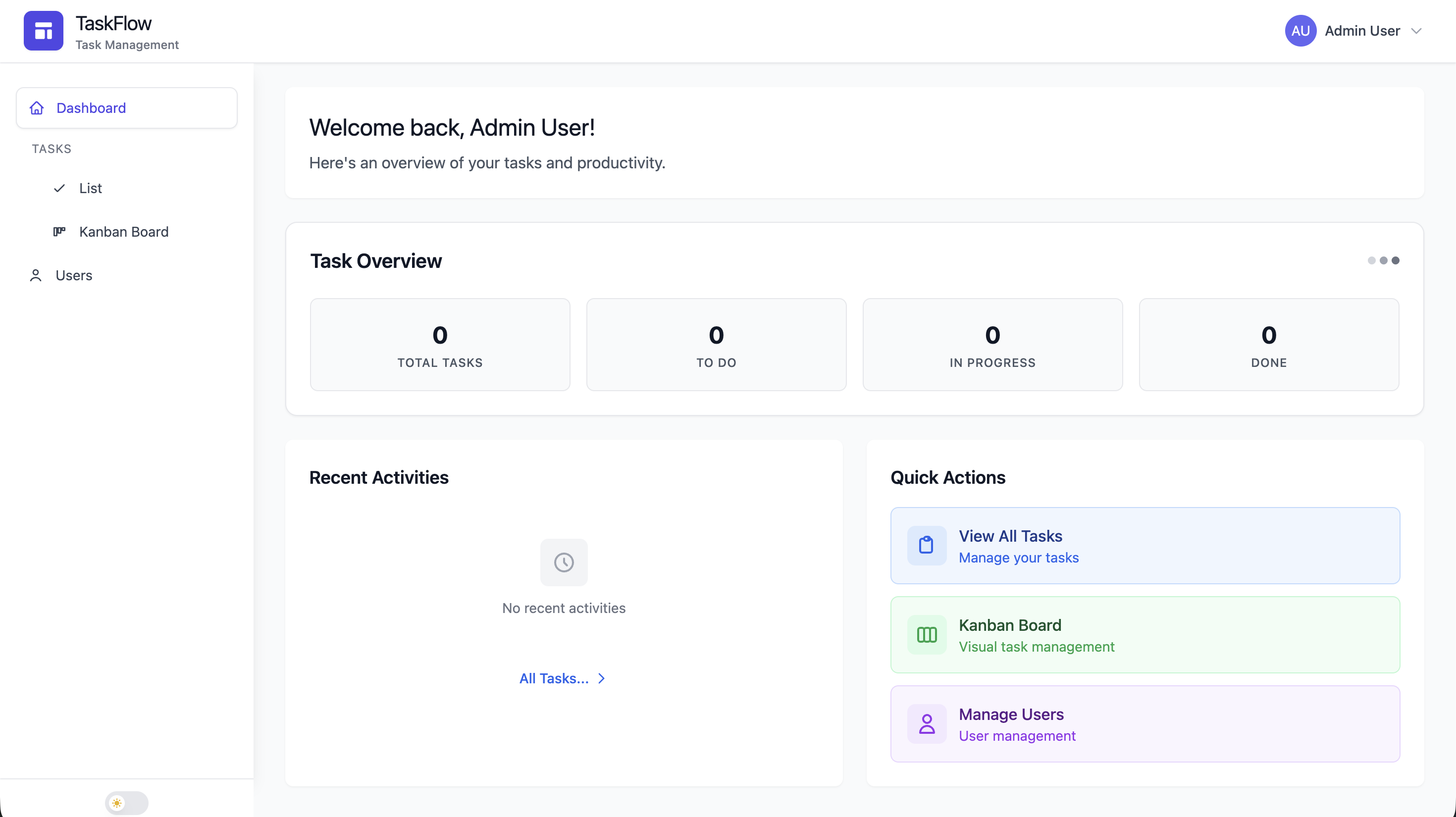 TaskFlow task board screen