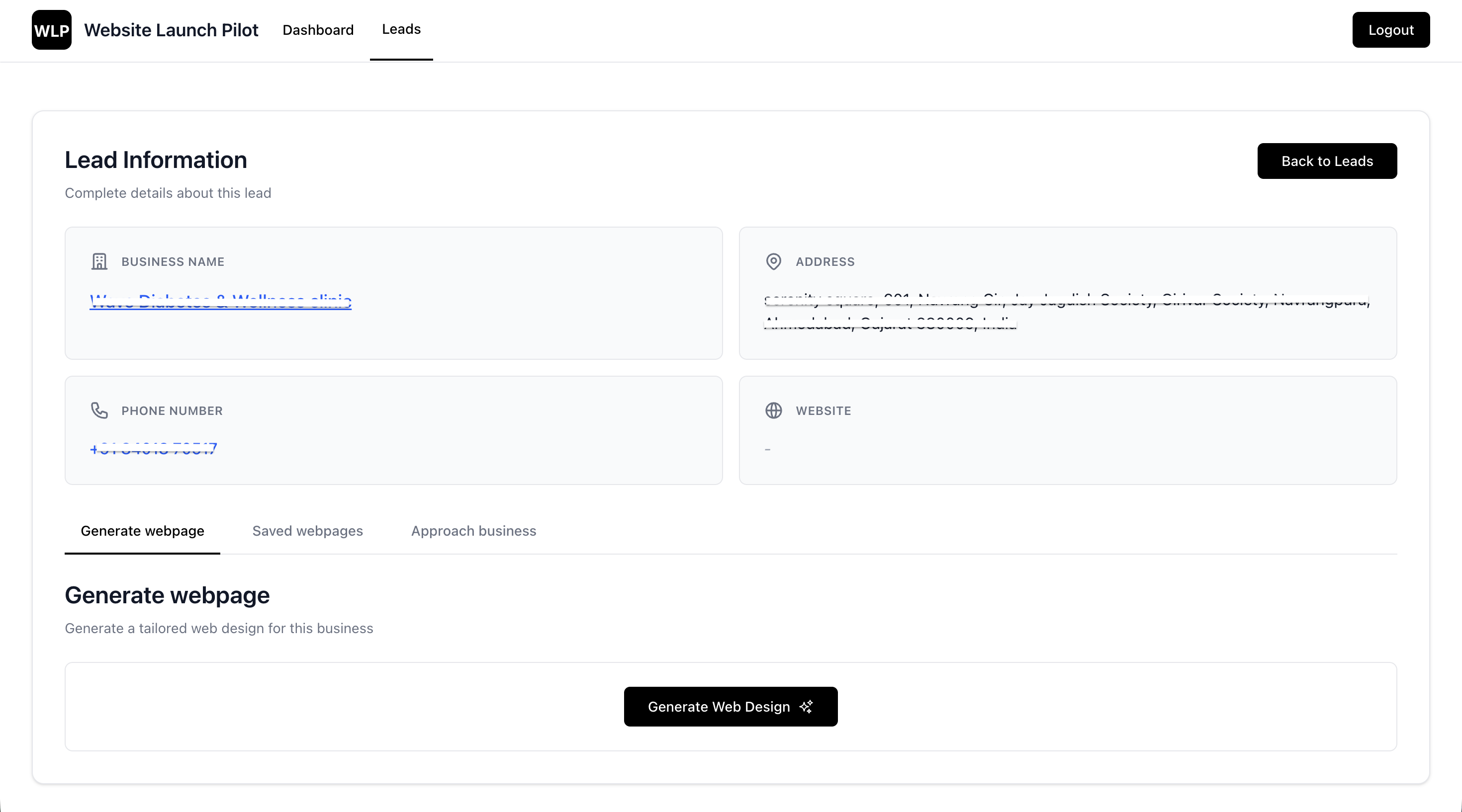 Website Launch Pilot dashboard screen